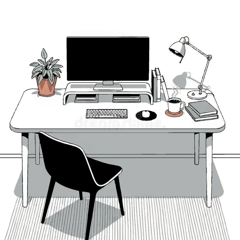Illustration of a tidy home office desk with monitor, lamp and plant
